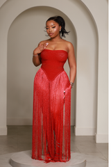 RED VELVET FRINGE GOWN